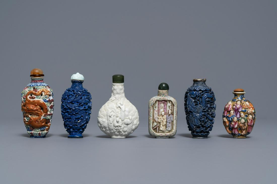 Six Chinese famille rose, blanc de Chine and faux-lapis: Full title: Six Chinese famille rose, blanc de Chine and faux-lapis lazuli relief-decorated snuff bottles, 19/20th C.------- Description: H.: 9 cm (the tallest)Â Provenance: An important Belgian pr