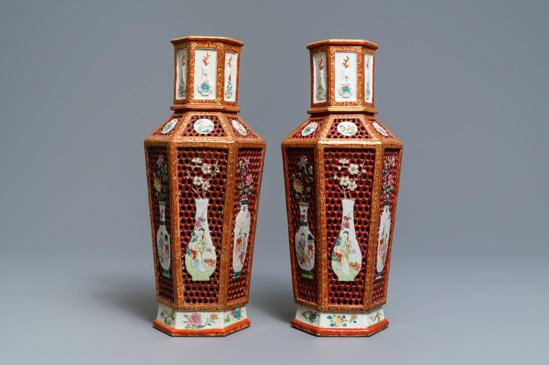 A pair of Chinese reticulated double-walled hexagonal: Full title: A pair of Chinese reticulated double-walled hexagonal famille rose vases, Yongzheng------- Description: H.: 38,5 cm