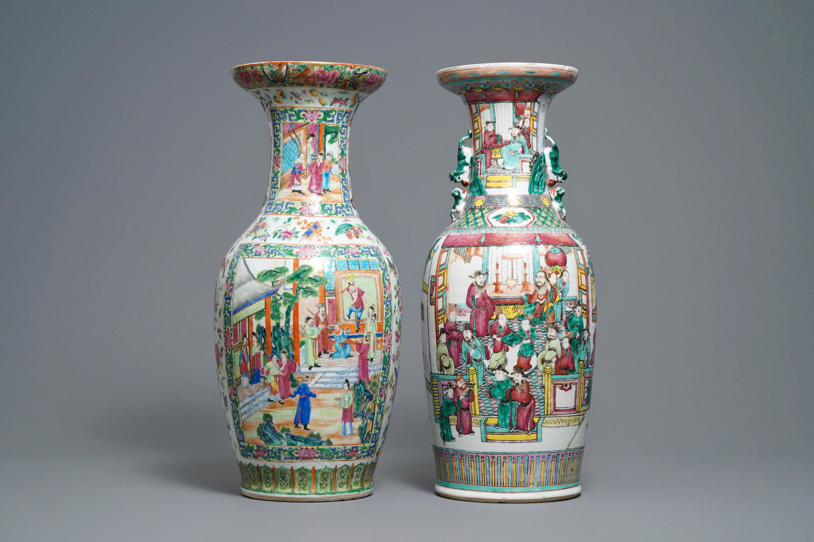 Two Chinese famille rose 'court scene' vases, 19th C.: Two Chinese famille rose 'court scene' vases, 19th C. -- H.: 60,5 cm