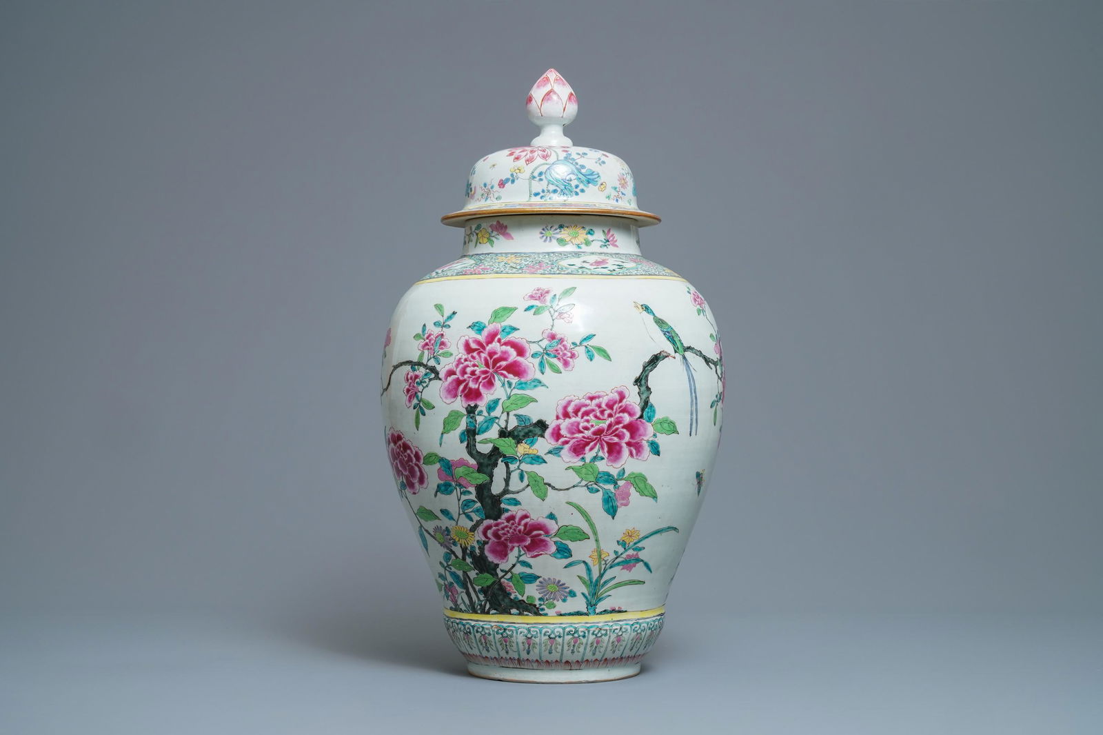A large Chinese famille rose 'bird and flower' vase and: A large Chinese famille rose 'bird and flower' vase and cover, Yongzheng -- H.: 63 cm