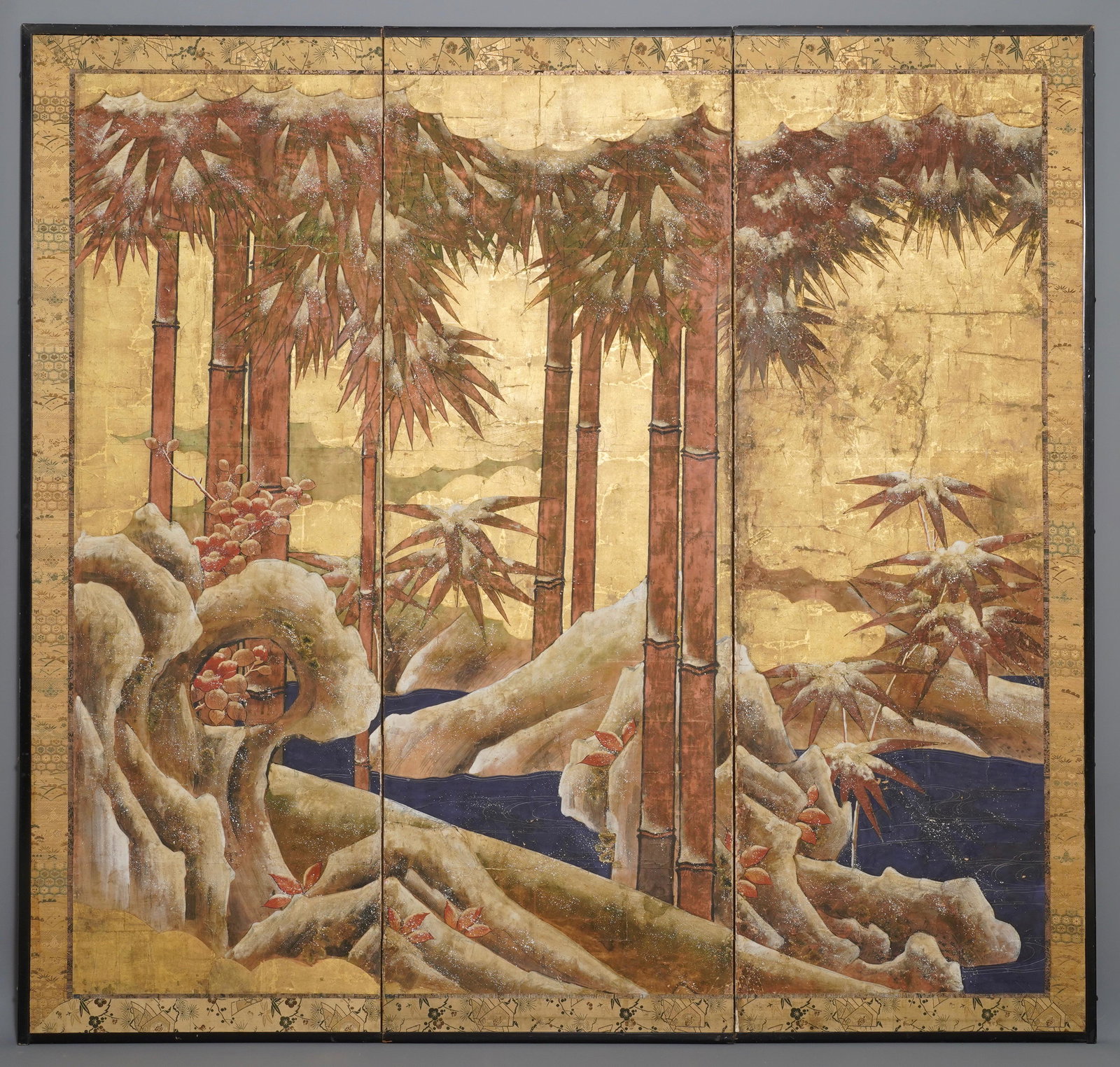 Tosa school, Japan, 16/17th C., a screen with ink,: Tosa school, Japan, 16/17th C., a screen with ink, colour and gold on paper: a shore with bamboo and rocks -- Dim.: 177,5 x 168,5 cmÂ Provenance: Acquired from Kunsthandel Aalderink, Amsterdam, in 