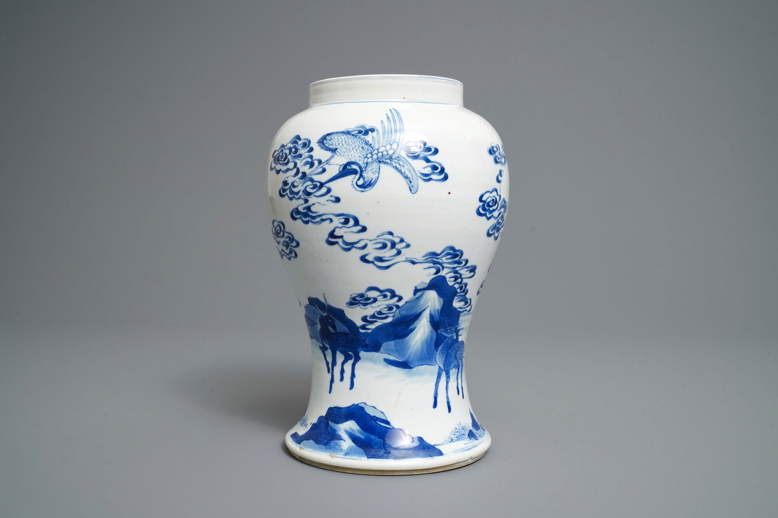 A Chinese blue and white 'deer and crane' vase, Kangxi: A Chinese blue and white 'deer and crane' vase, Kangxi -- H.: 28 cm