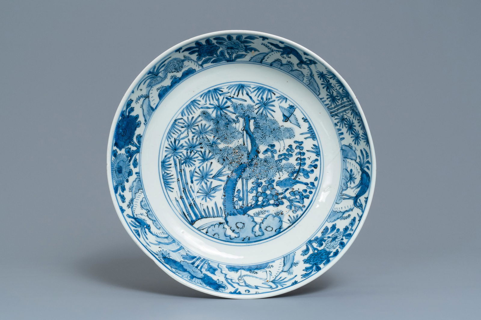 A Chinese blue and white 'Three friends of winter': A Chinese blue and white 'Three friends of winter' dish, Jiajing Dia.: 35 cm