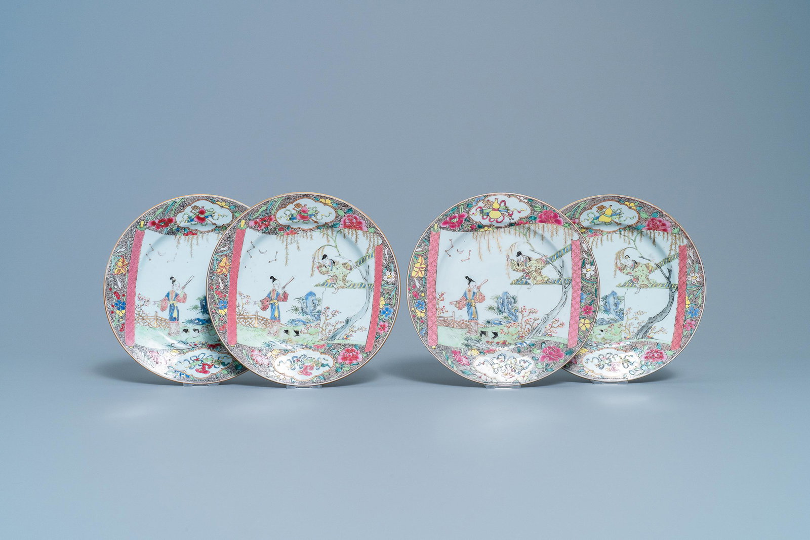 Two pairs of Chinese famille rose 'Romance of the: Two pairs of Chinese famille rose 'Romance of the Western Chamber' plates, Qianlong Dia.: 23 cm