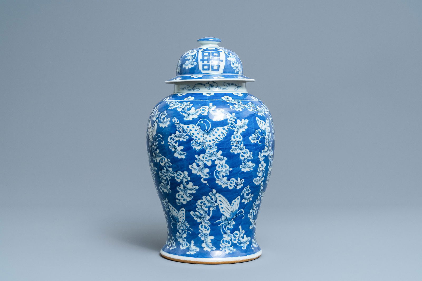A Chinese blue and white 'butterfly' vase and cover,: A Chinese blue and white 'butterfly' vase and cover, 19th C. H.: 46 cm