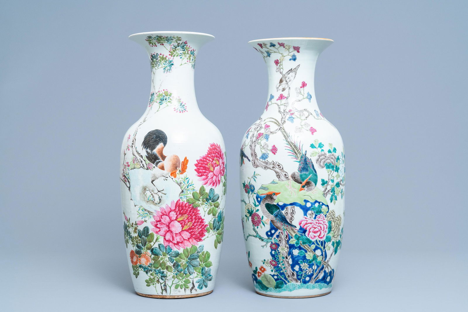 Two Chinese famille rose and qianjiang cai vases with: Two Chinese famille rose and qianjiang cai vases with birds, 19th C. H.: 58 cm