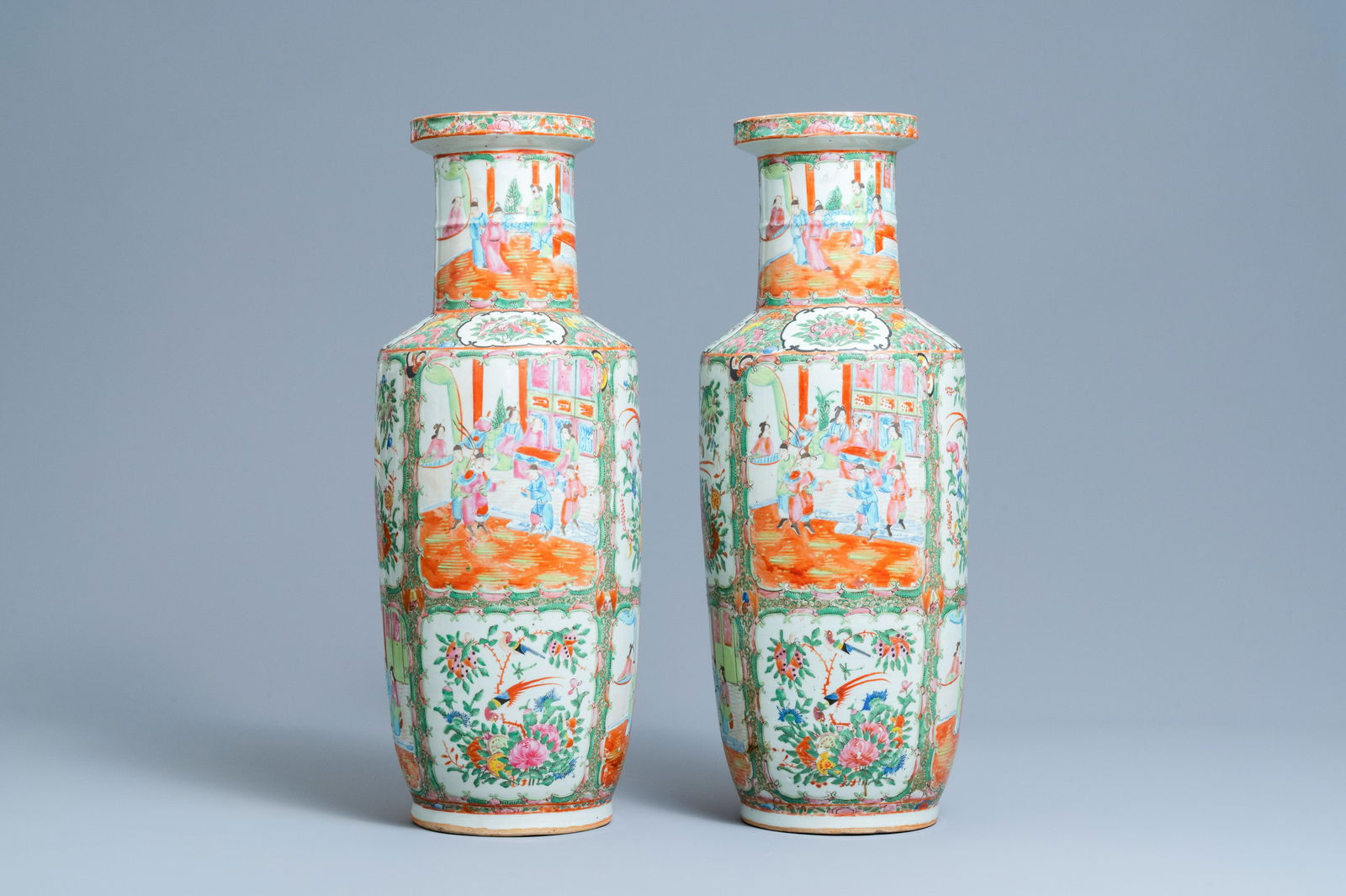 A pair of Chinese Canton famille rose rouleau vases,: Full title: A pair of Chinese Canton famille rose rouleau vases, 19th C. Description: H.: 61,5 cm