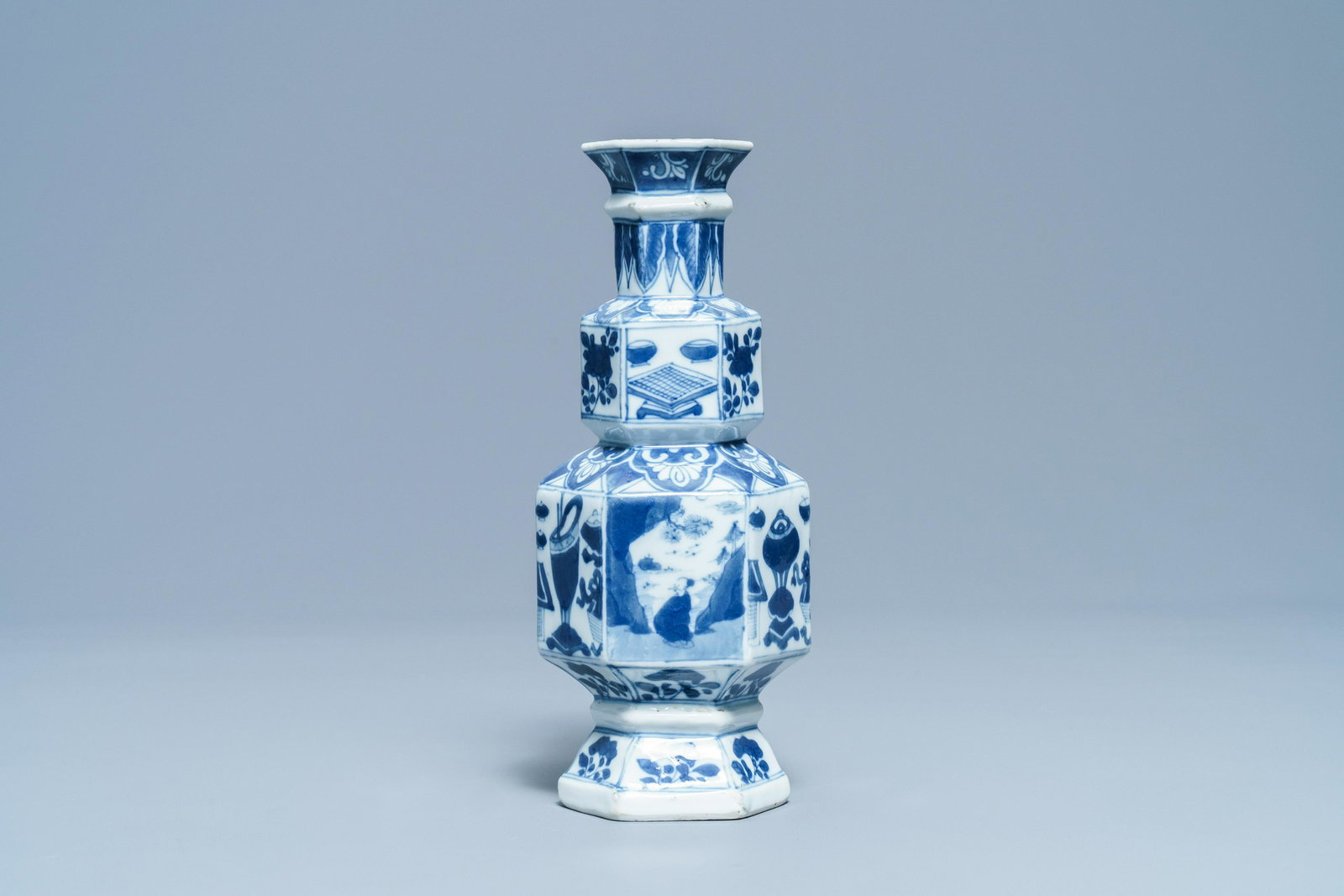 A Chinese blue and white hexagonal triple gourd vase,: Full title: A Chinese blue and white hexagonal triple gourd vase, Kangxi Description: H.: 23 cm