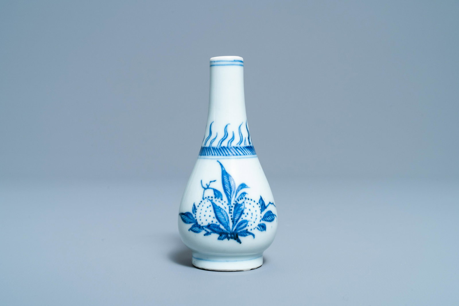 A Chinese blue and white pear-shaped 'poem' vase,: Full title: A Chinese blue and white pear-shaped 'poem' vase, Transitional period Description: H.: 11 cm