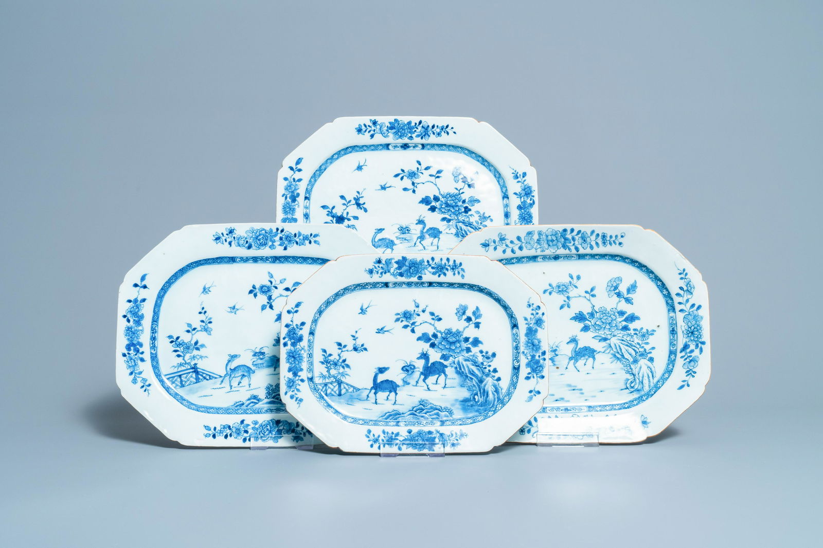 Four Chinese blue and white octagonal 'deer' dishes,: Full title: Four Chinese blue and white octagonal 'deer' dishes, Qianlong Description: Dim.: 36 x 27,5 cm (the largest)