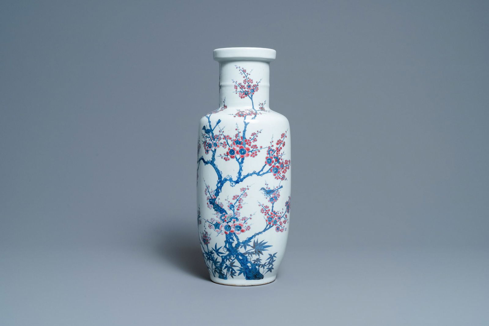A Chinese blue, white and copper-red rouleau vase with (1 of 6)