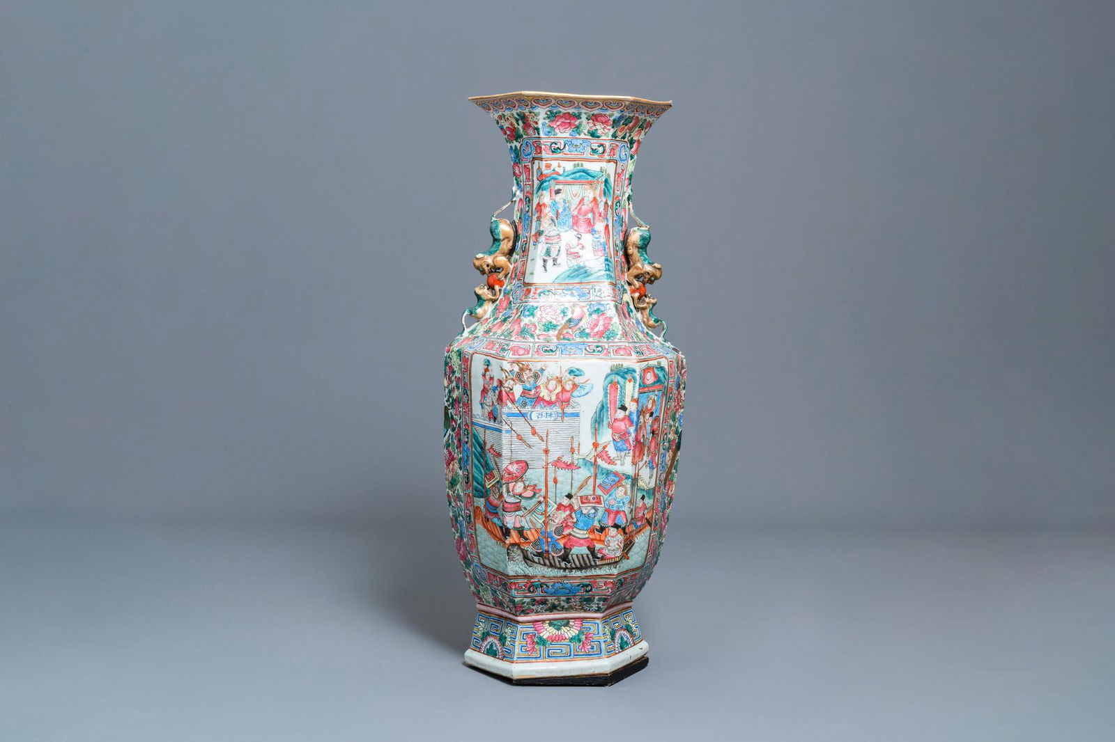 A large Chinese hexagonal famille rose vase, 19th C. (1 of 7)