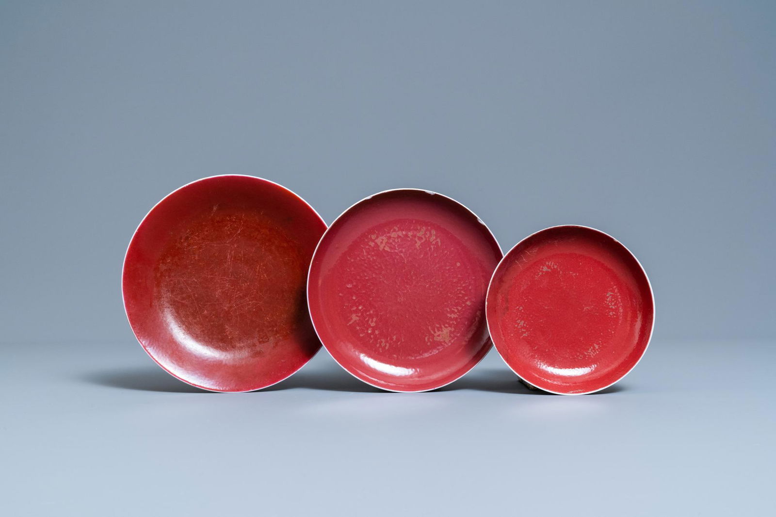 Three Chinese monochrome copper- and ruby-red plates, (1 of 3)