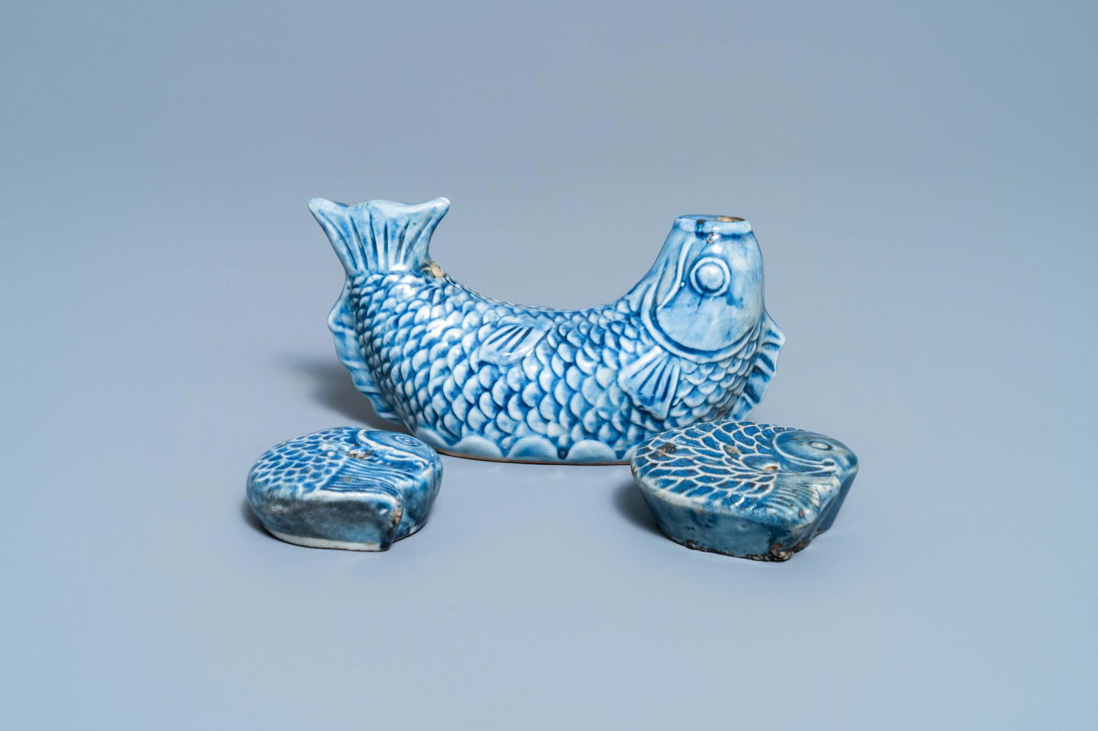 Three Korean blue-glazed fish-shaped water droppers, (1 of 8)