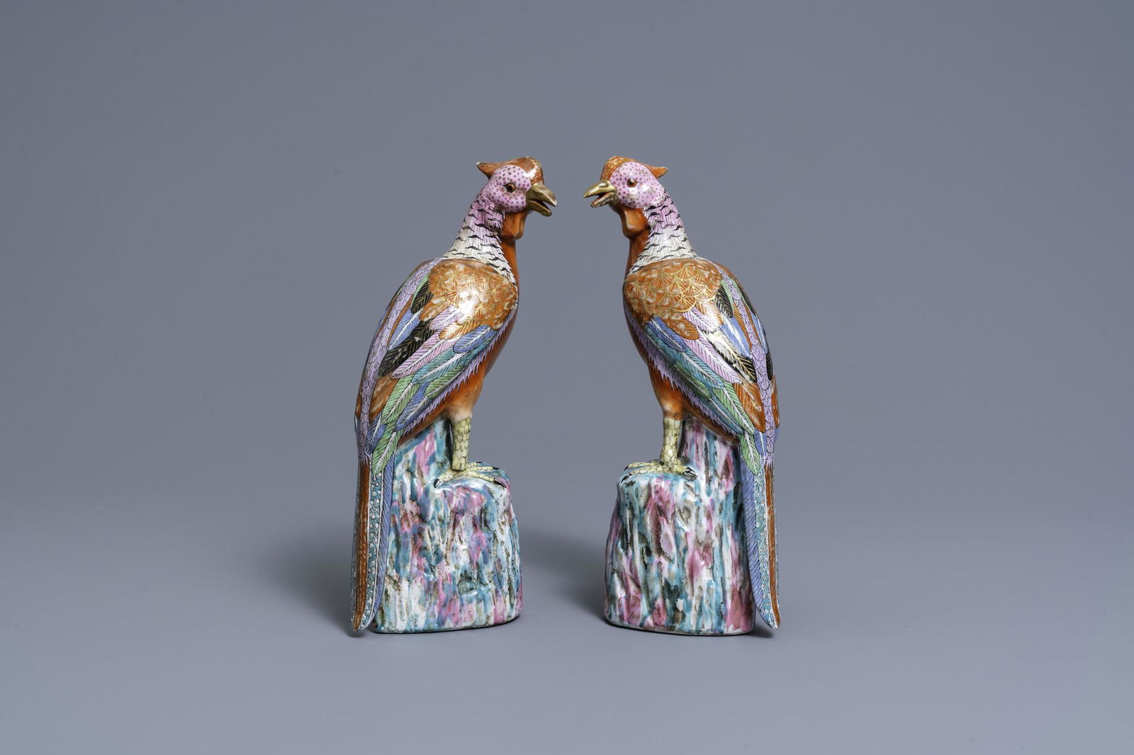 A pair of Chinese famille rose models of pheasants, (1 of 7)