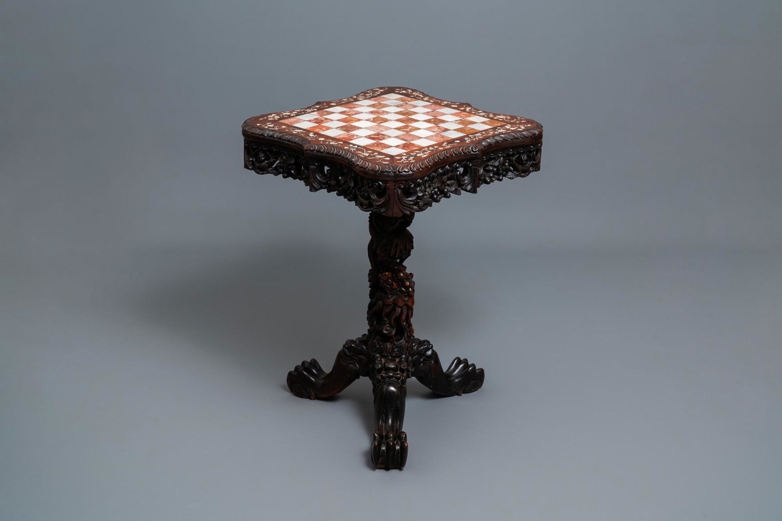 A Chinese carved wooden side table with marble (1 of 17)