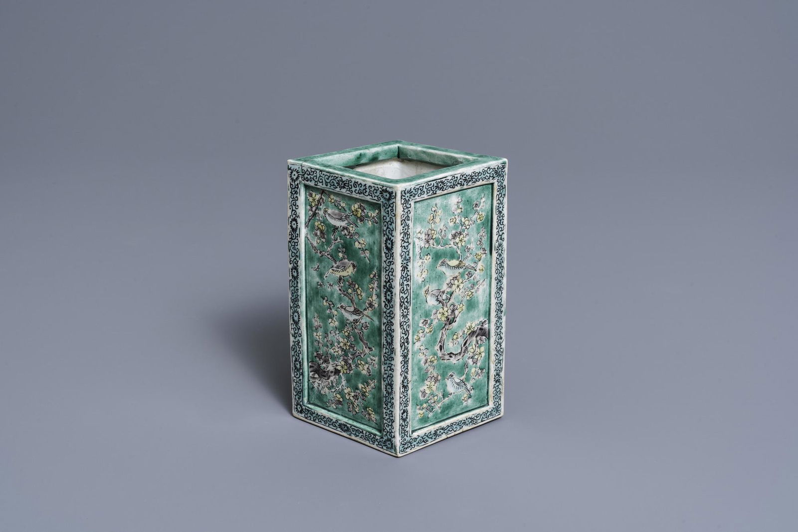 A square Chinese verte biscuit brush pot, Kangxi: Full title: A square Chinese verte biscuit brush pot, Kangxi Description: H.: 15,5 cmÊ Provenance: With Roger Keverne, London, England.Ê Ref.: Roger Keverne, Winter Exhibition, 2000, no. 55. (catalo