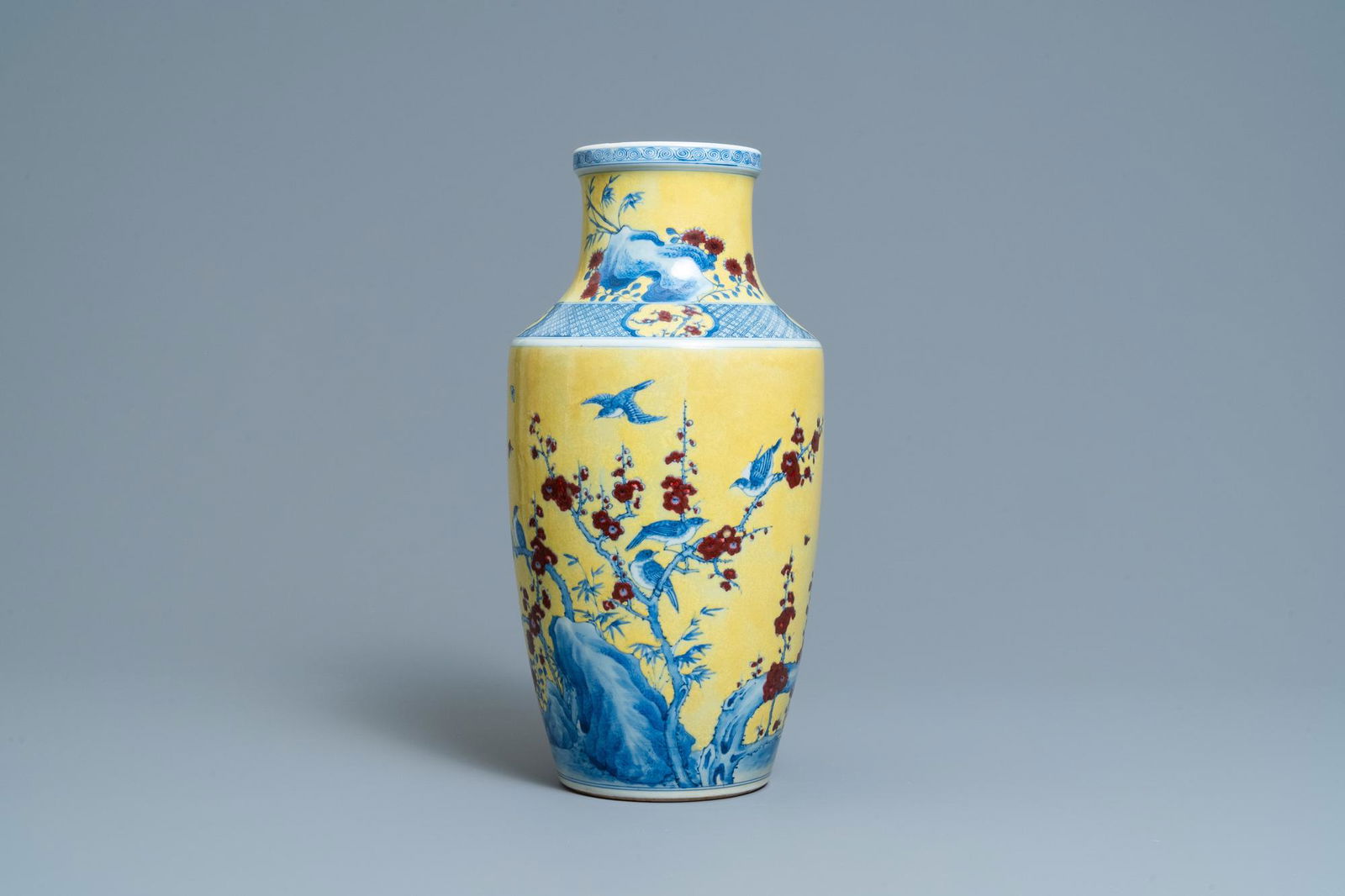 A Chinese blue, white and red yellow-ground vase, (1 of 6)