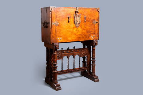 A Spanish bronze-mounted oak 'bargueño' or cabinet on: Full title: A Spanish bronze-mounted oak 'bargueño' or cabinet on stand, 16th C. Description: Dim.: 147 x 106 x 42,5 cm Provenance: - The Davioud-Larminet collection, Lille, France.