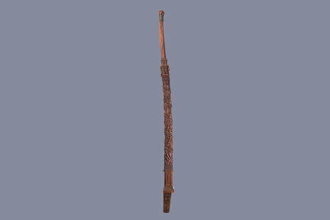 A mahogany boat mast with oak scrolls, France or Italy,: Full title: A mahogany boat mast with oak scrolls, France or Italy, 18th C. Description: L.: 275 cm Provenance: - The Davioud-Larminet collection, Lille, France. Condition reports and