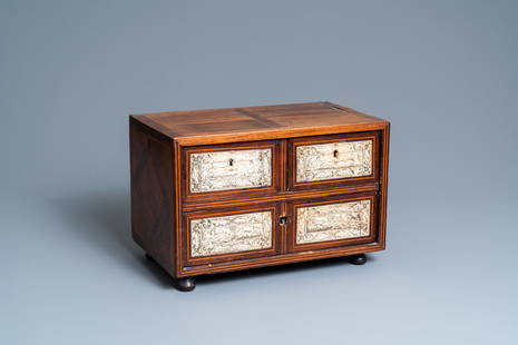 A small mahogany veneer cabinet with engraved bone: Full title: A small mahogany veneer cabinet with engraved bone plaques, Italy, 17th C. Description: Dim.: 44,5 x 30 x 27 cm Provenance: - The Davioud-Larminet collection, Lille, France.