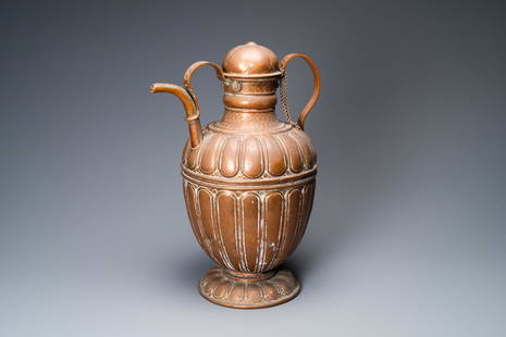 A large Italian copper ewer and cover, 17th C.: Full title: A large Italian copper ewer and cover, 17th C. Description: H.: 50,5 cm - L.: 37 cm Provenance: - The Davioud-Larminet collection, Lille, France. Expert: Laurence Fligny.