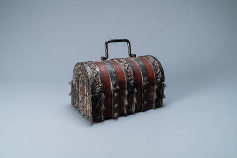A partly red painted cast iron casket, France, 15th C.: Full title: A partly red painted cast iron casket, France, 15th C. Description: Dim.: 24 x 15 x 14 cm Provenance: - The Davioud-Larminet collection, Lille, France. Expert: Laurence Fligny.