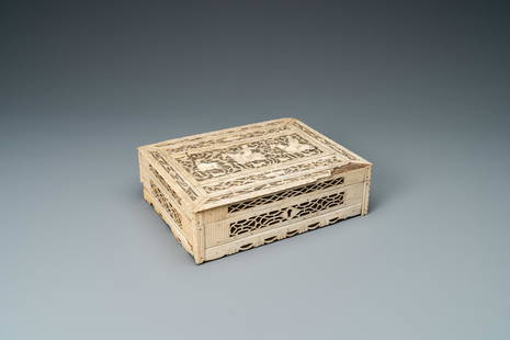 A reticulated bone and wood hunting scene box,: Full title: A reticulated bone and wood hunting scene box, Arkhangelsk, Kholmogory, Russia, 18th C. Description: Dim.: 21 x 17 x 6,5 cm Provenance: - The Davioud-Larminet collection, Lille,