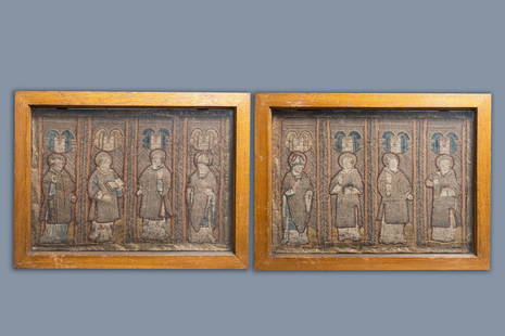 Two large linen, silk- and silverthread orphrey: Full title: Two large linen, silk- and silverthread orphrey fragments depicting saints below arcatures, Spain, early 17th C. Description: Dim.: 53,5 x 40 cm (the frames) Dim.: 45,5 x 32,5 cm (the