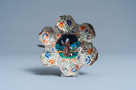 A Limoges enamel bowl depicting Saint Francis and Saint: Full title: A Limoges enamel bowl depicting Saint Francis and Saint Catharine on the back, France, 1st half 17th C. Description: L.: 13,5 cm - H.: 4 cm Condition:- Losses. - Lacking one of the