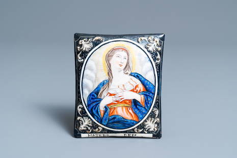 A Limoges enamel plaque depicting the Virgin and: Full title: A Limoges enamel plaque depicting the Virgin and inscribed 'Mater Dei', France, 1st half 18th C. Description: Dim.: 12,5 x 10,5 cm Provenance: - The Davioud-Larminet collection,