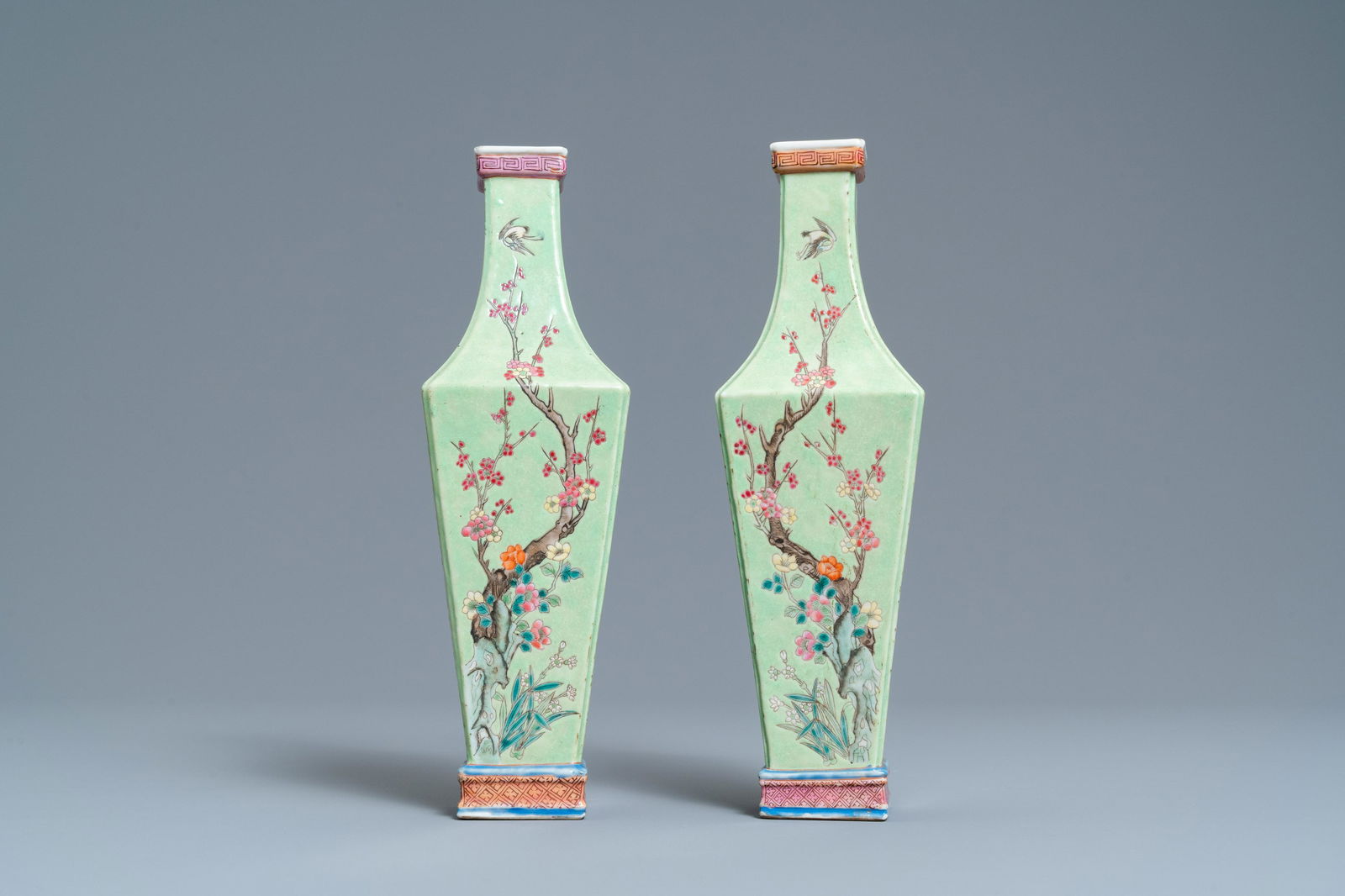 A pair of Chinese famille rose green-ground vases with (1 of 6)