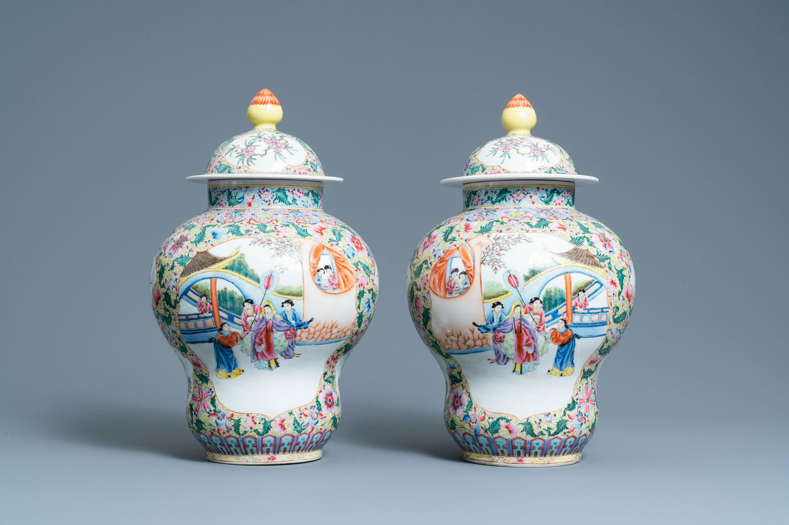 A pair of Chinese famille rose yellow-ground vases and (1 of 8)