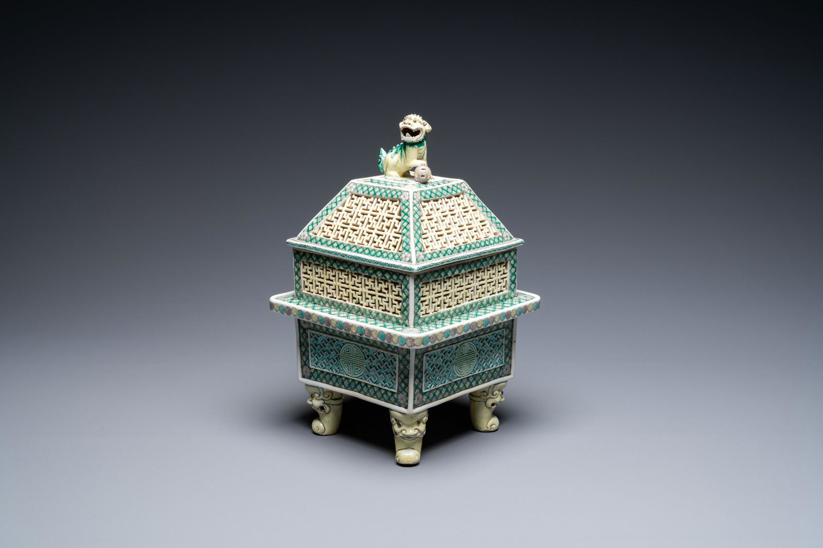 A Chinese reticulated verte biscuit censer and cover, (1 of 7)