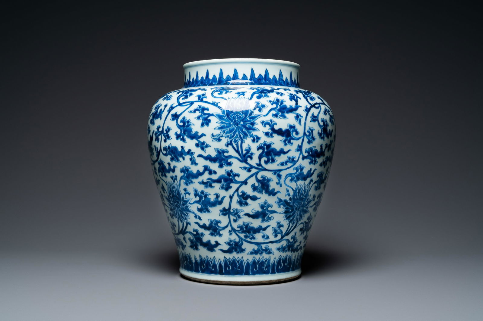 A Chinese blue and white 'lotus scroll' vase, Kangxi (1 of 6)