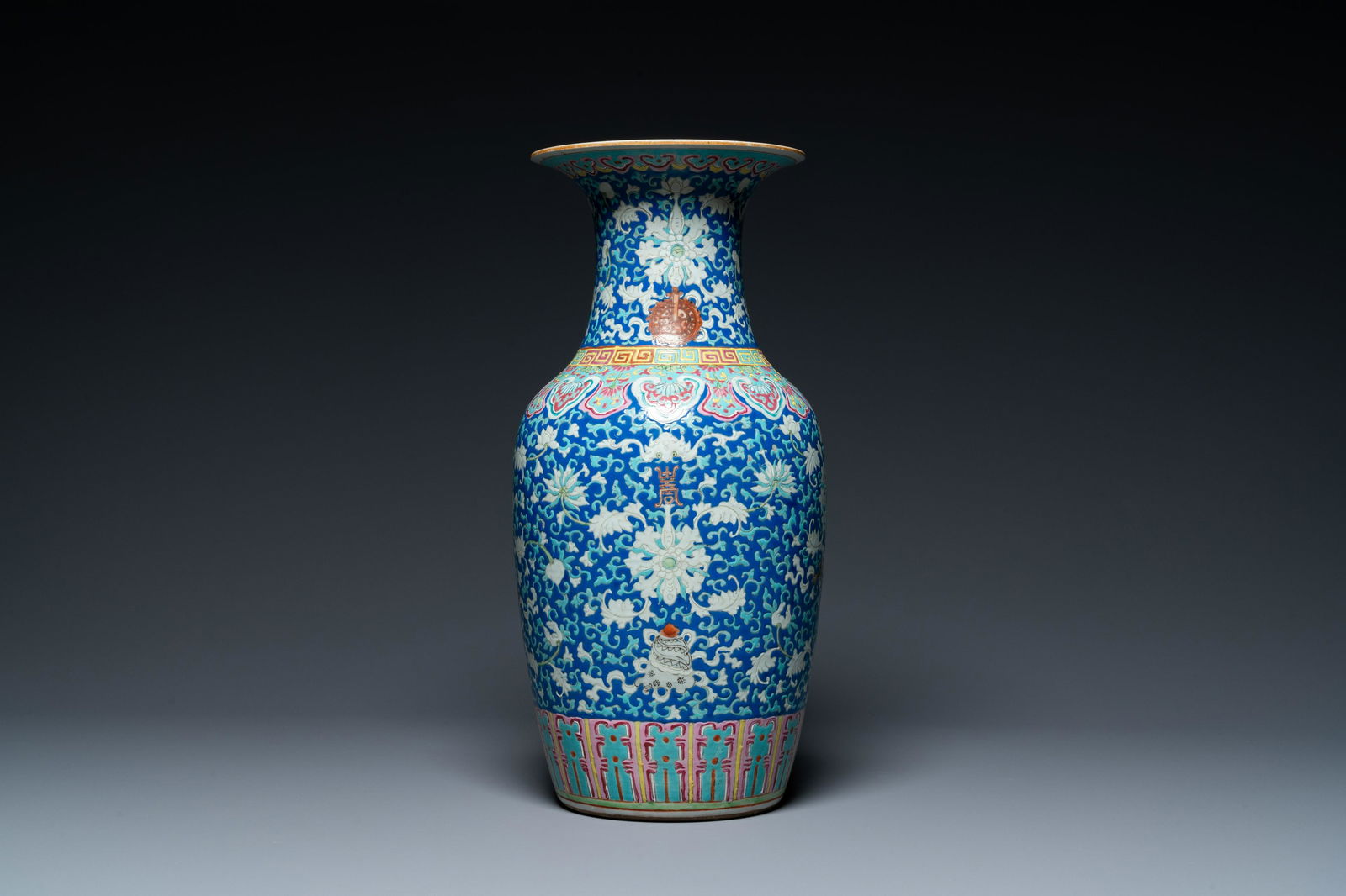 A Chinese famille rose blue-ground 'bajixiang' vase, (1 of 6)
