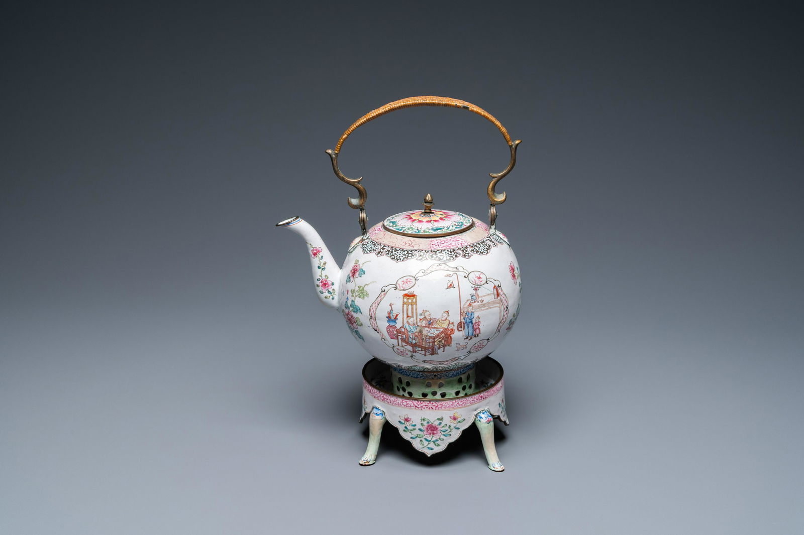 A Chinese Canton enamel teapot on warming stand, (1 of 7)