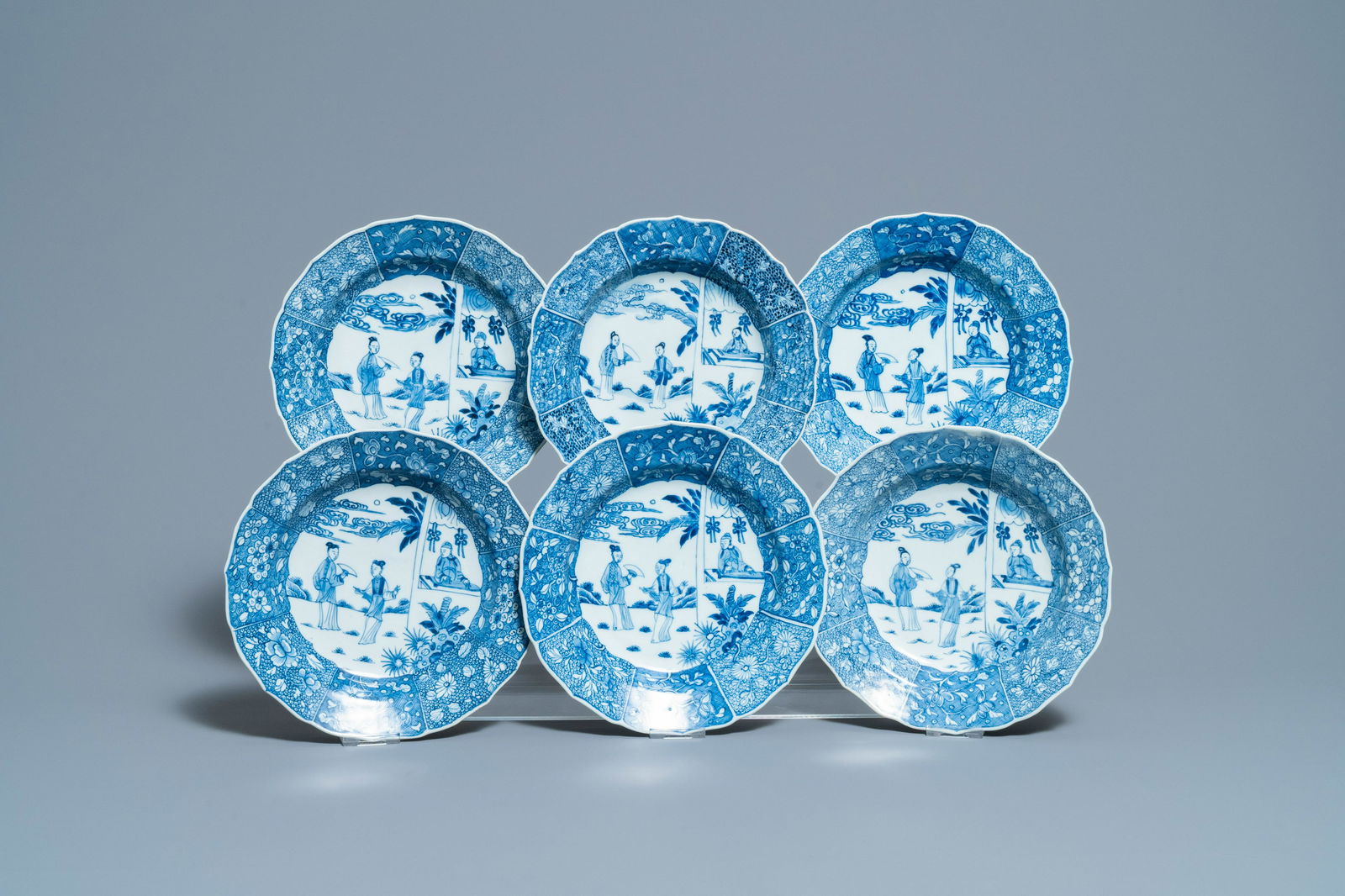 Six Chinese blue and white 'Xi Xiang Ji' plates,: Full title: Six Chinese blue and white 'Xi Xiang Ji' plates, Qianlong Description: Dia.: 23 cm The absence of a condition report does not imply that a lot is in perfect condition. Please contact us to