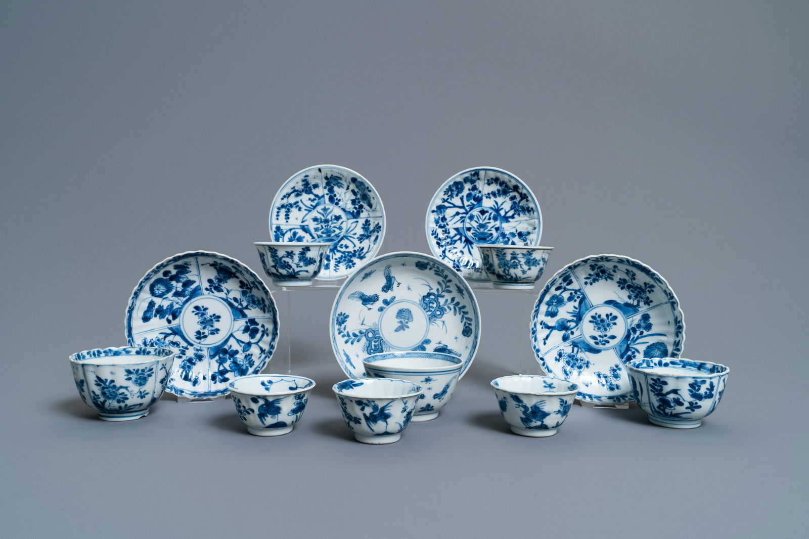 Eight Chinese blue and white cups and five saucers, (1 of 10)