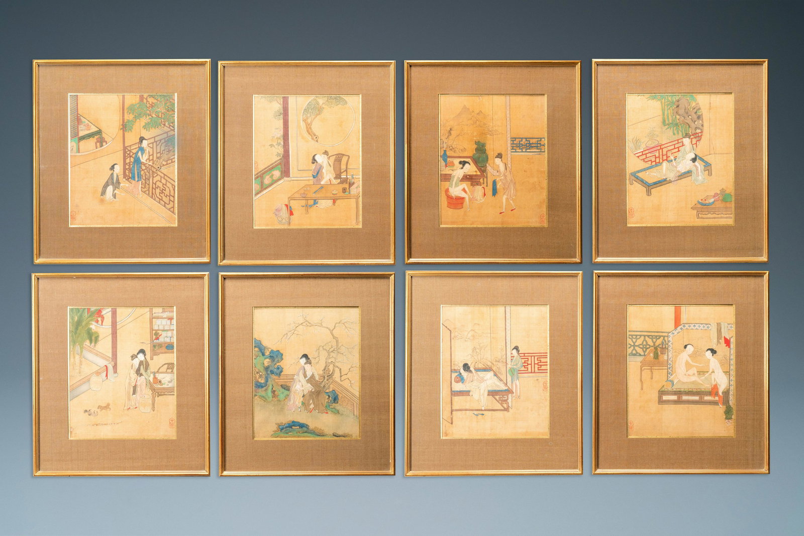 Chinese school, ink and color on silk: Eight erotic and: Full title: Chinese school, ink and color on silk: Eight erotic and romantic scenes, 18/19th C. Description: Dim.: 37,5 x 32,5 cm (each frame) Dim.: 23,5 x 19 cm (each work) Each marked with a gourd-s