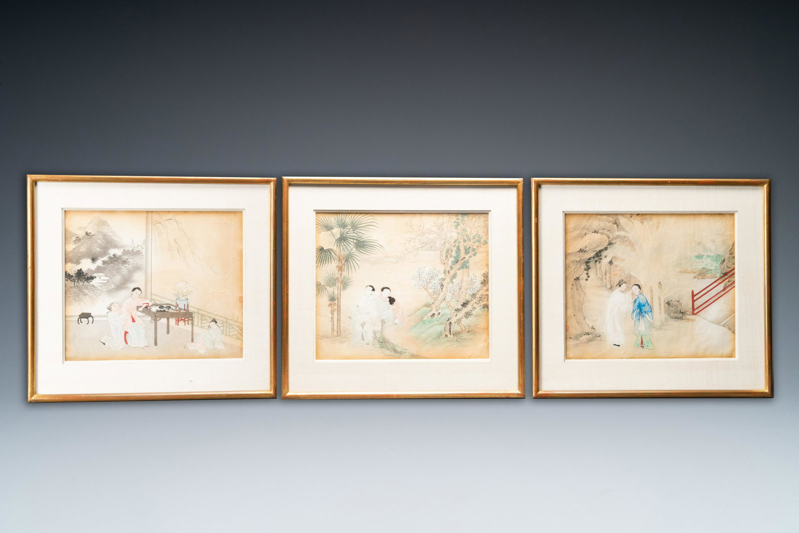 Chinese school, ink and color on paper: three narrative: Full title: Chinese school, ink and color on paper: three narrative scenes, 19th C. Description: Dim.: 32 x 29 (the frames) Dim.: 23 x 19 cm (the works) The absence of a condition report does not impl