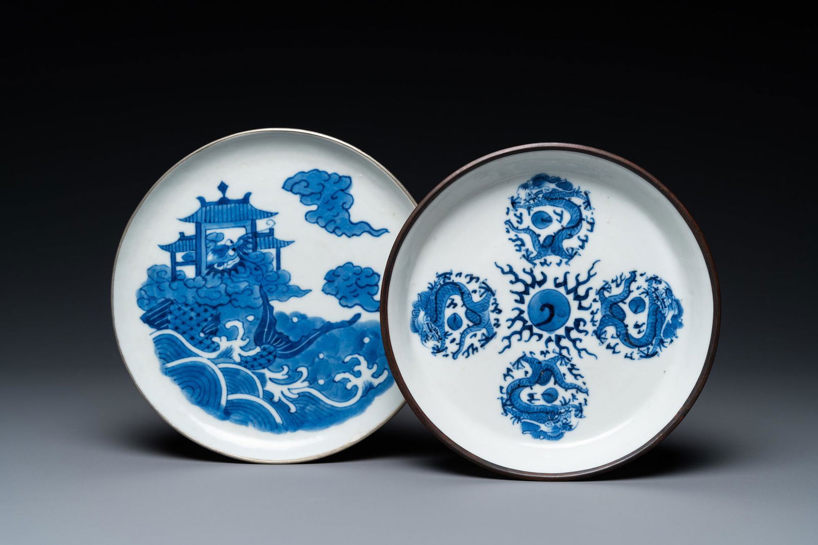 Two Chinese 'Bleu de Hue' plates for the Vietnamese market, 19/20th C. (1 of 3)