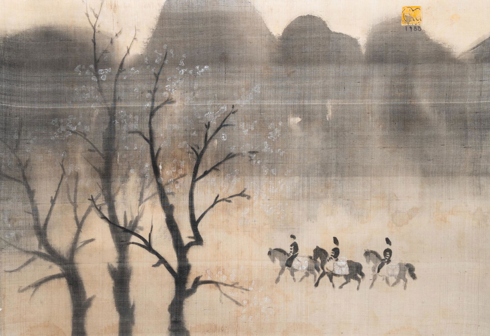 Nguyen Thu (Vietnam, 1930-): 'Mountain landscape with horseriders', watercolour on silk, signed and: Full title: Nguyen Thu (Vietnam, 1930-): 'Mountain landscape with horseriders', watercolour on silk, signed and dated 1988 Description: Dim.: 68,5 x 47 cm Provenance:- The collection of Thomas Ulbrich
