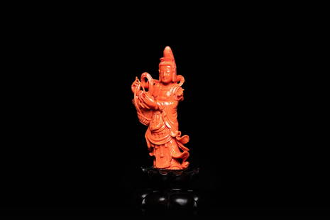 A Chinese carved red coral 'Tara' figure, 19/20th C.: Full title: A Chinese carved red coral 'Tara' figure, 19/20th C. Description: H.: 19,5 cm (incl. stand) H.: 15 cm (the coral) Weight: 418 grams including stand The absence of a condition