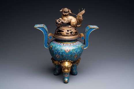 A large Chinese cloisonne tripod censer and cover, 19th C.: Full title: A large Chinese cloisonne tripod censer and cover, 19th C. Description: H.: 47 cm The absence of a condition report does not imply that a lot is in perfect condition. Please contact us