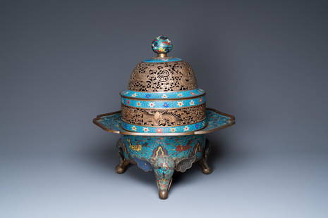 A large Chinese cloisonne tripod censer and cover, 19th C.: Full title: A large Chinese cloisonne tripod censer and cover, 19th C. Description: H.: 57,5 cm Provenance:- A Belgian private collection. The absence of a condition report does not imply that