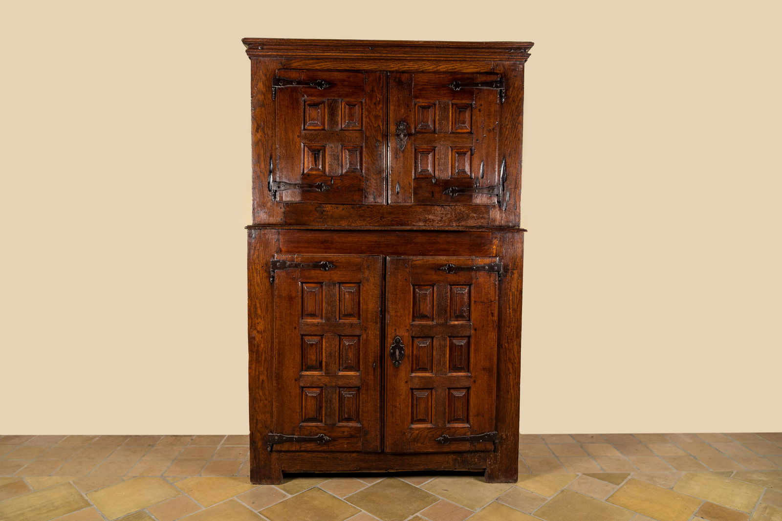 A Spanish wooden four-door cupboard with cast iron locks and hinges, 17th C. (1 of 2)