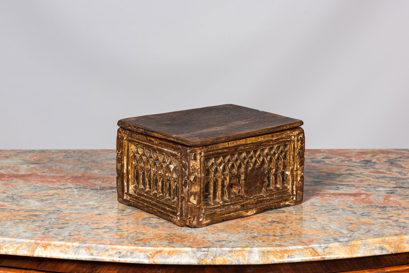 A polychrome gothic wooden box, 15/16th C. (1 of 5)