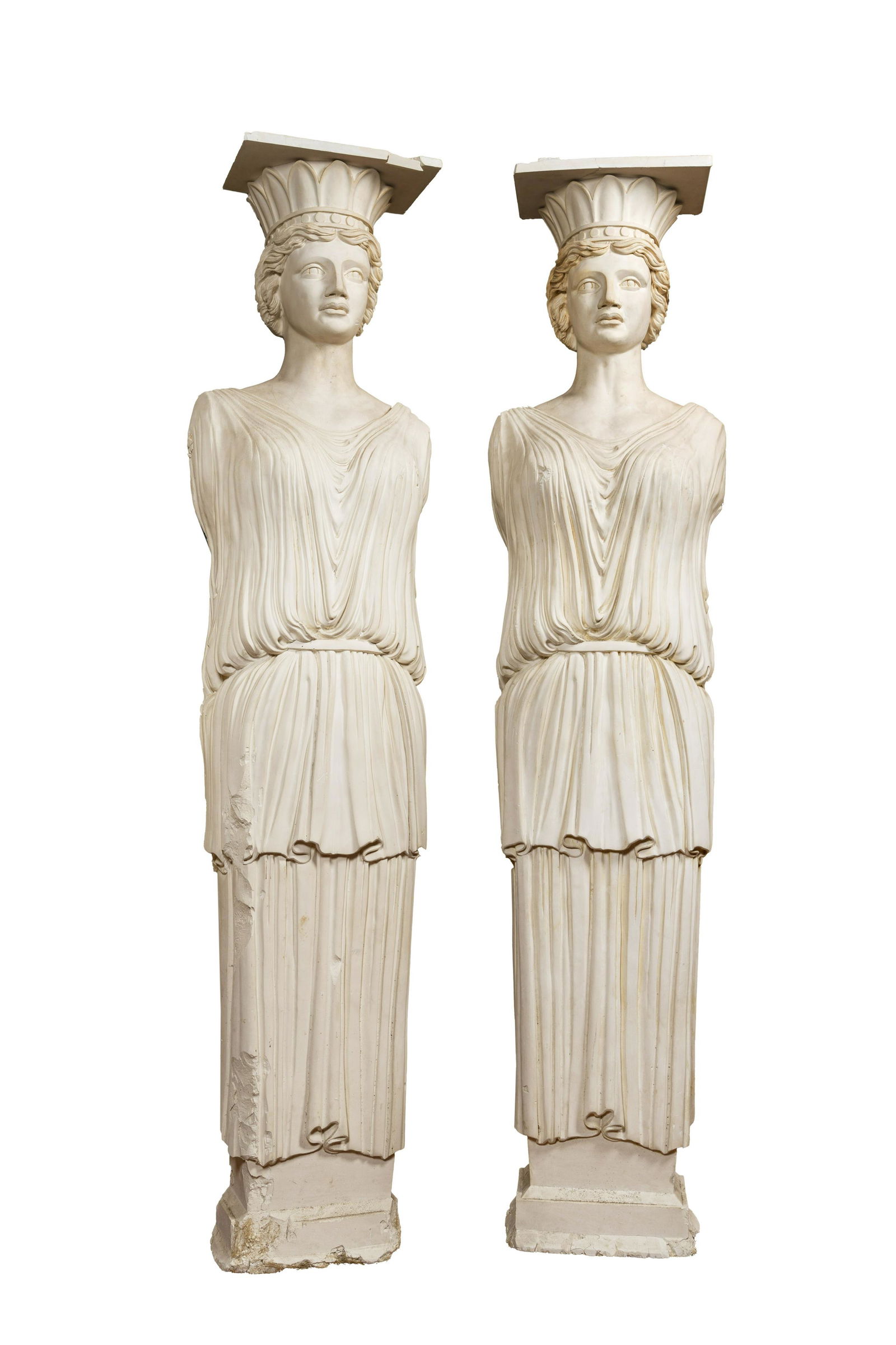 A pair of large plaster models of caryatids, 20th C.: Full title: A pair of large plaster models of caryatids, 20th C. Description: H 198,5 x L 43 x D 27 cm
