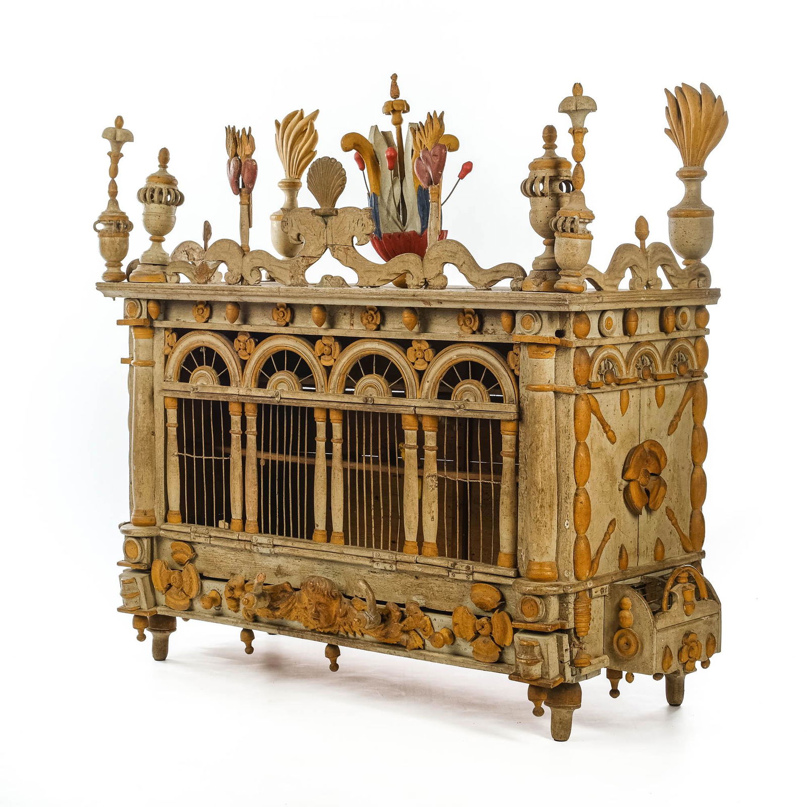 A large painted wooden birdcage, 18/19th C. (1 of 8)